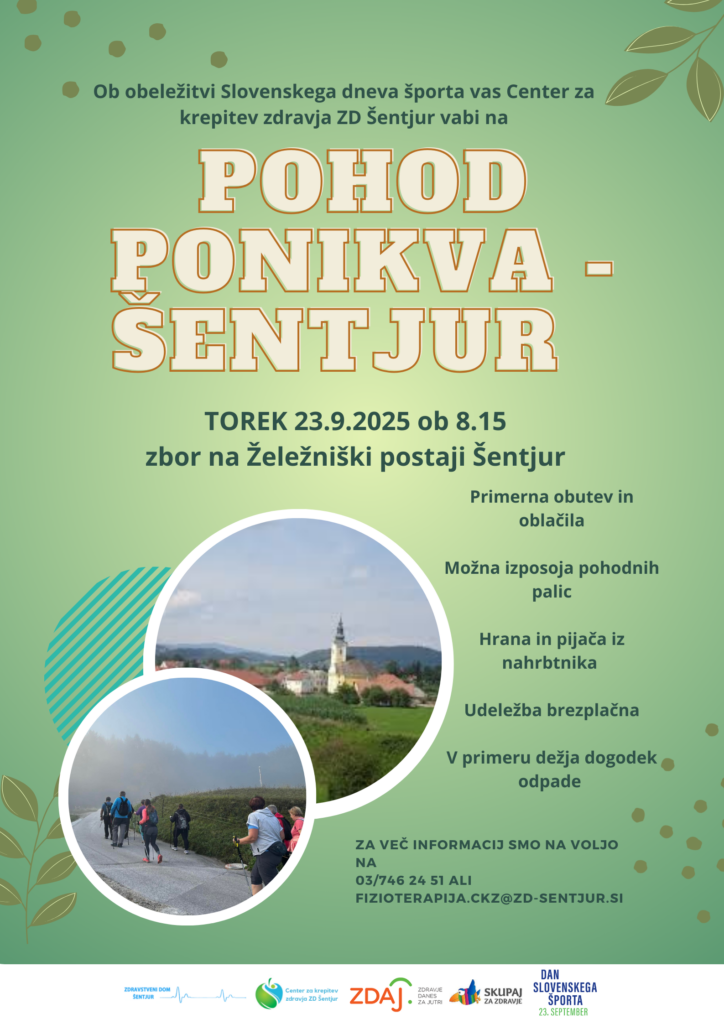 Ob obeležitvi Slovenskega dneva športa vas Center za krepitev zdravja ZD Šentjur vabi na Pohod Ponikva – Šentjur TOREK 23.9.2025 ob 8.15 zbor na Želežniški postaji Šentjur Primerna obutev in oblačila Možna izposoja pohodnih palic Hrana in pijača iz nahrbtnika Udeležba brezplačna V primeru dežja dogodek odpade Za več informacij smo na voljo na 03/746 24 51 ali fizioterapija.ckz@zd-sentjur.si
